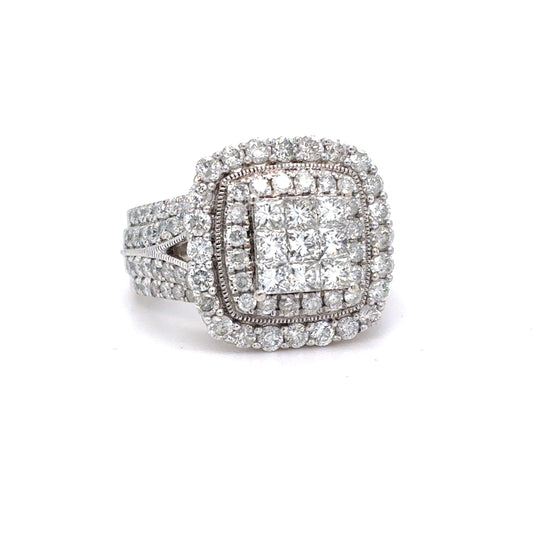 10K White Gold Natural Diamond Cluster Halo Ring | Princess & Round 1.97 TCW, H-I SI1-I1, Size 6