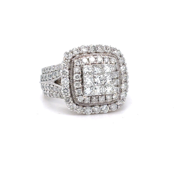 10K White Gold Natural Diamond Cluster Halo Ring | Princess & Round 1.97 TCW, H-I SI1-I1, Size 6
