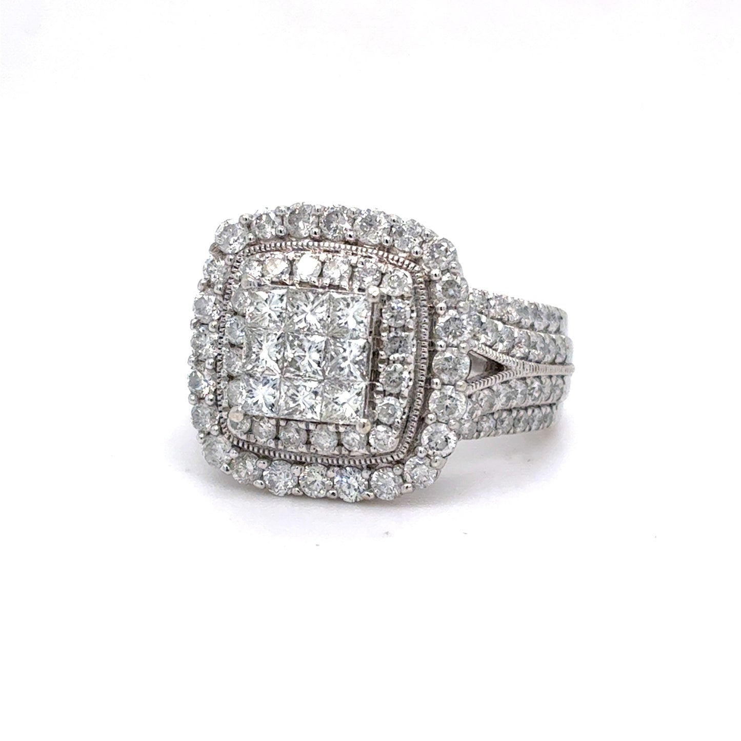 10K White Gold Natural Diamond Cluster Halo Ring | Princess & Round 1.97 TCW, H-I SI1-I1, Size 6