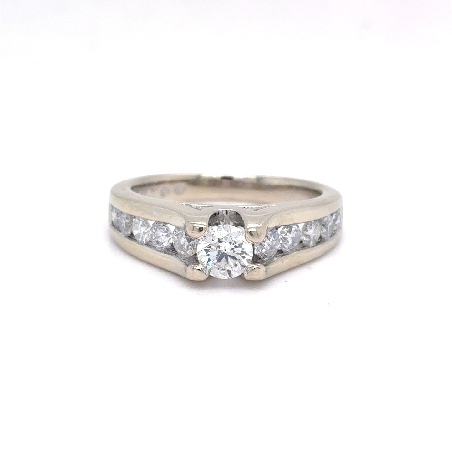 14K White Gold Natural Diamond Engagement Ring with Channel-Set Accents | Round Brilliant 0.97 TCW, G SI2, Size 6.75