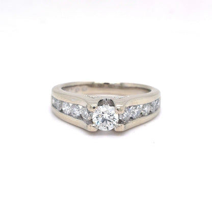 14K White Gold Natural Diamond Engagement Ring with Channel-Set Accents | Round Brilliant 0.97 TCW, G SI2, Size 6.75