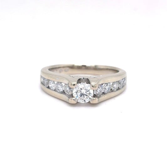 14K White Gold Natural Diamond Engagement Ring with Channel-Set Accents | Round Brilliant 0.97 TCW, G SI2, Size 6.75