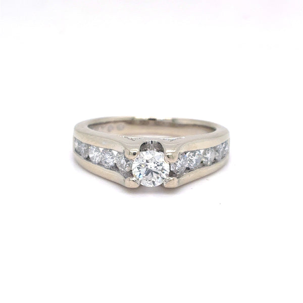 14K White Gold Natural Diamond Engagement Ring with Channel-Set Accents | Round Brilliant 0.97 TCW, G SI2, Size 6.75