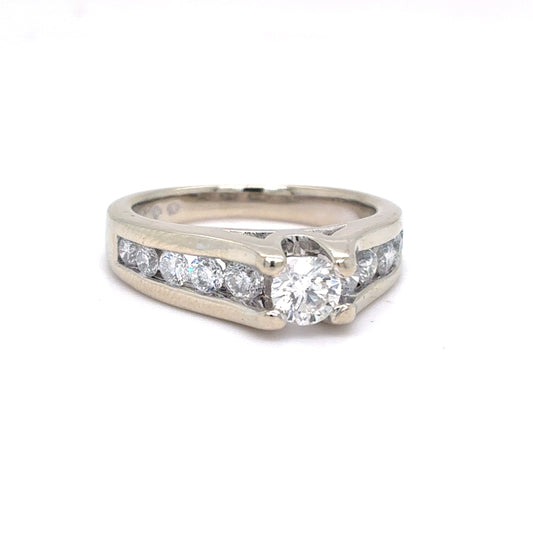 14K White Gold Natural Diamond Engagement Ring with Channel-Set Accents | Round Brilliant 0.97 TCW, G SI2, Size 6.75