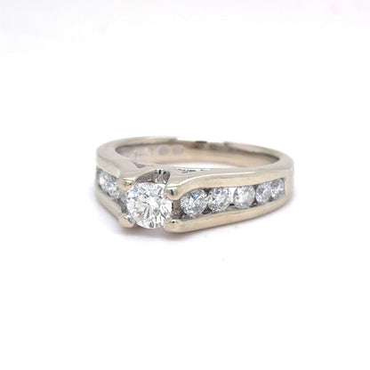 14K White Gold Natural Diamond Engagement Ring with Channel-Set Accents | Round Brilliant 0.97 TCW, G SI2, Size 6.75