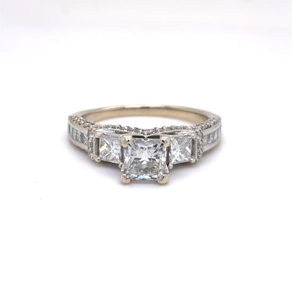 14K White Gold Natural Diamond Princess Cut Three-Stone Engagement Ring | Princess & Round 1.92 TCW, G SI1-I1, Size 7