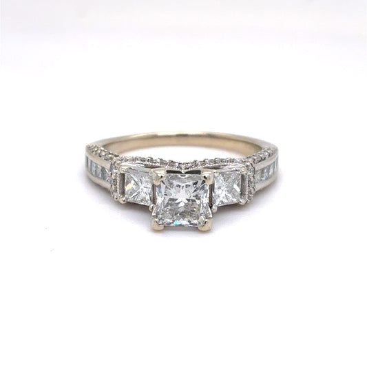 14K White Gold Natural Diamond Princess Cut Three-Stone Engagement Ring | Princess & Round 1.92 TCW, G SI1-I1, Size 7