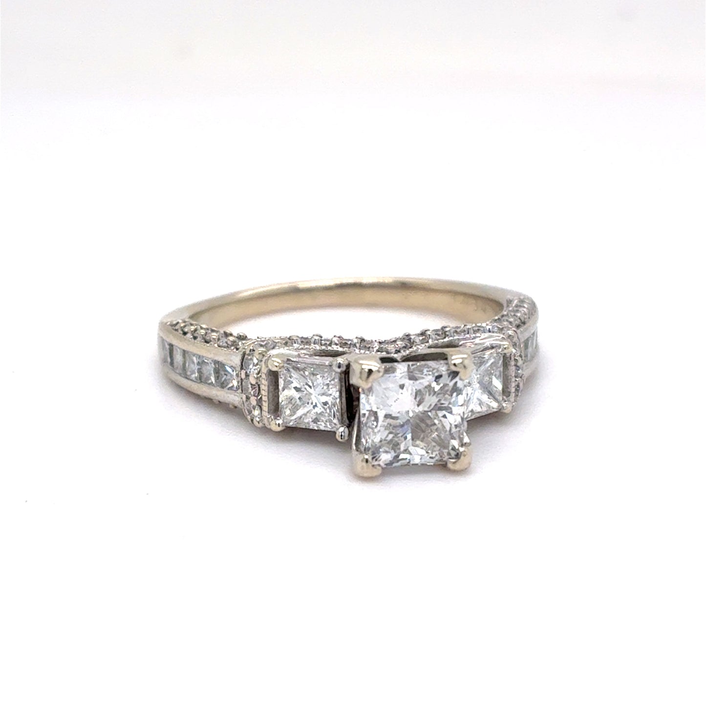 14K White Gold Natural Diamond Princess Cut Three-Stone Engagement Ring | Princess & Round 1.92 TCW, G SI1-I1, Size 7