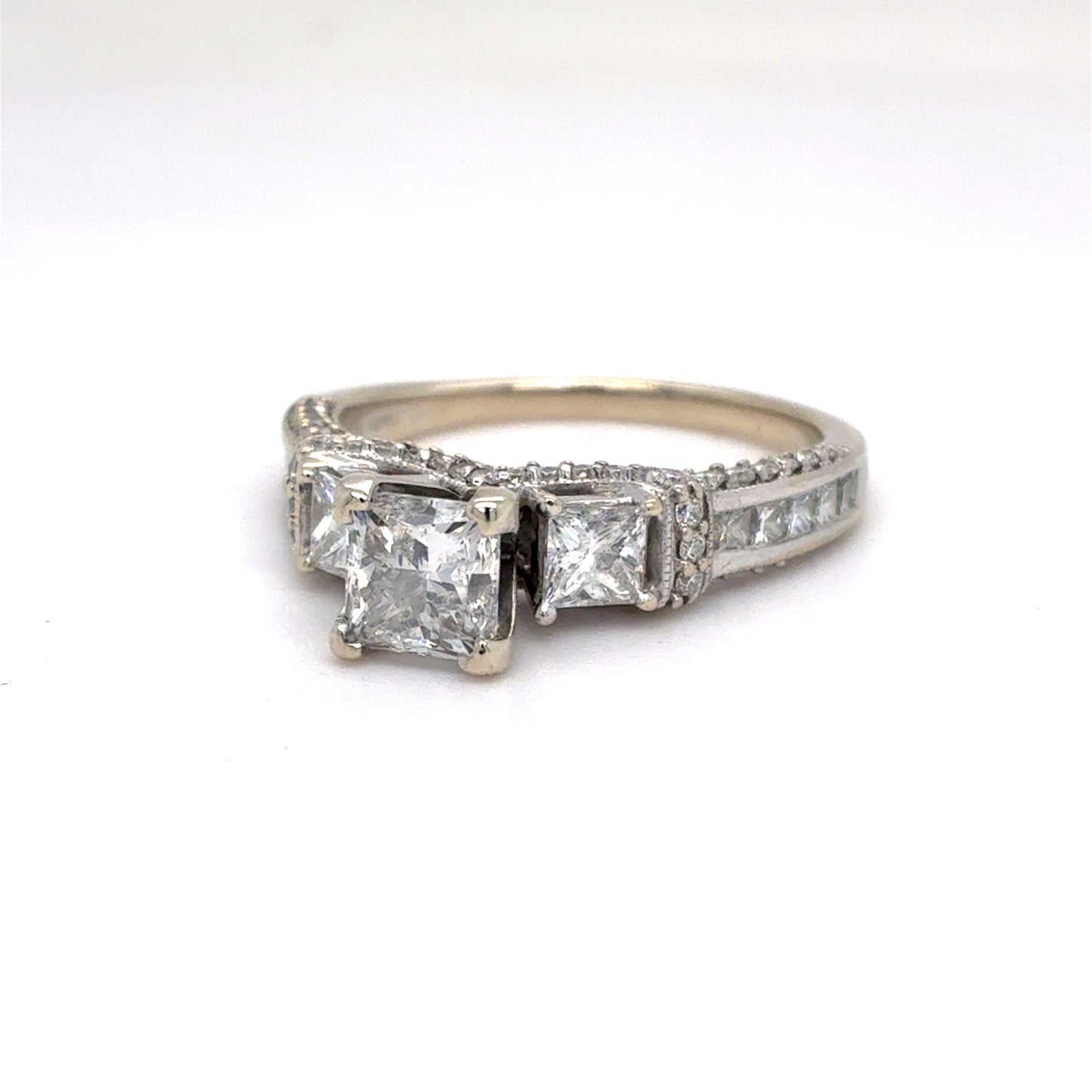 14K White Gold Natural Diamond Princess Cut Three-Stone Engagement Ring | Princess & Round 1.92 TCW, G SI1-I1, Size 7