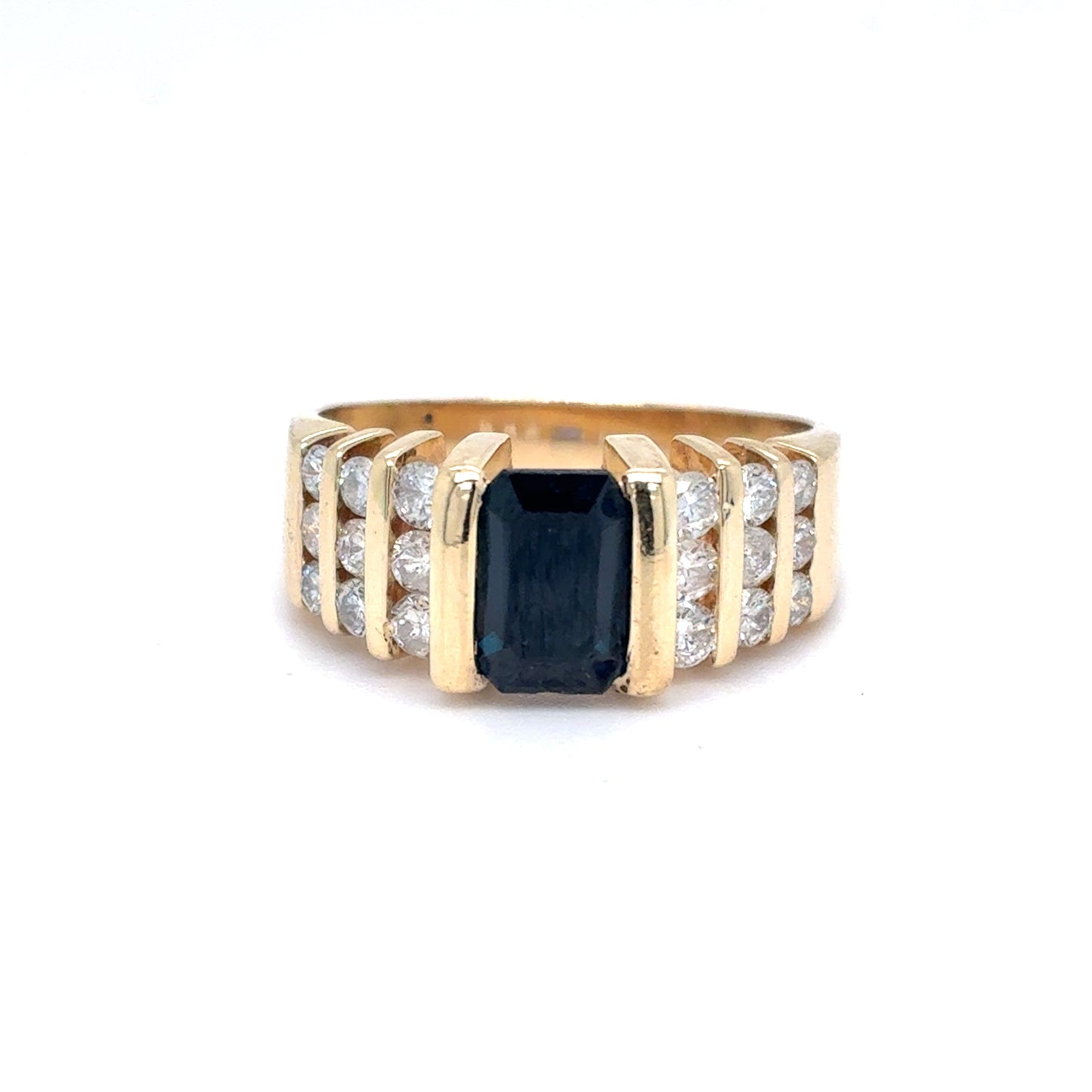 14K Yellow Gold Natural Blue Sapphire & Diamond Fashion Ring | Emerald & Round 1.80 TCW, G I1, Size 5.75