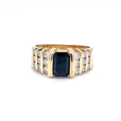 14K Yellow Gold Natural Blue Sapphire & Diamond Fashion Ring | Emerald & Round 1.80 TCW, G I1, Size 5.75