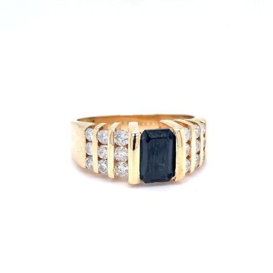 14K Yellow Gold Natural Blue Sapphire & Diamond Fashion Ring | Emerald & Round 1.80 TCW, G I1, Size 5.75