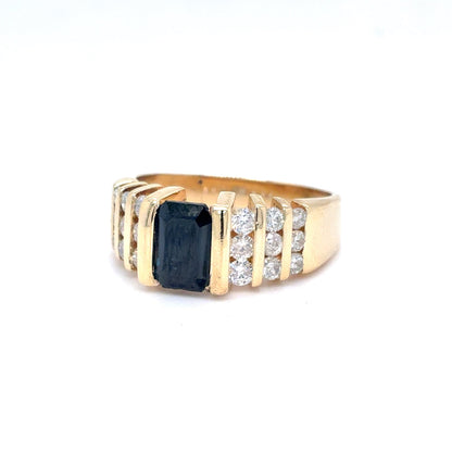 14K Yellow Gold Natural Blue Sapphire & Diamond Fashion Ring | Emerald & Round 1.80 TCW, G I1, Size 5.75