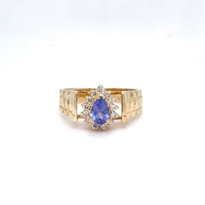 14K Yellow Gold Natural Tanzanite & Diamond Halo Ring | Pear & Round Brilliant 0.55 TCW, H SI1, Size 5.75