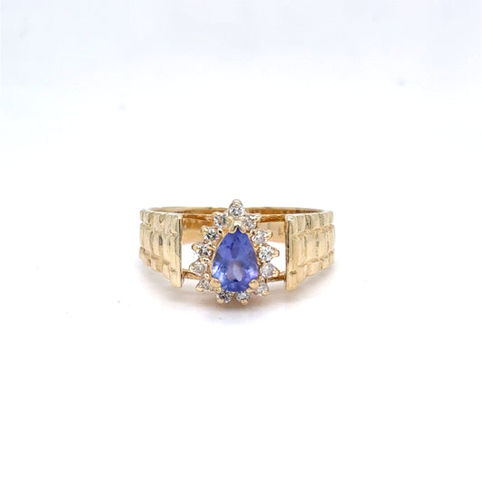 14K Yellow Gold Natural Tanzanite & Diamond Halo Ring | Pear & Round Brilliant 0.55 TCW, H SI1, Size 5.75