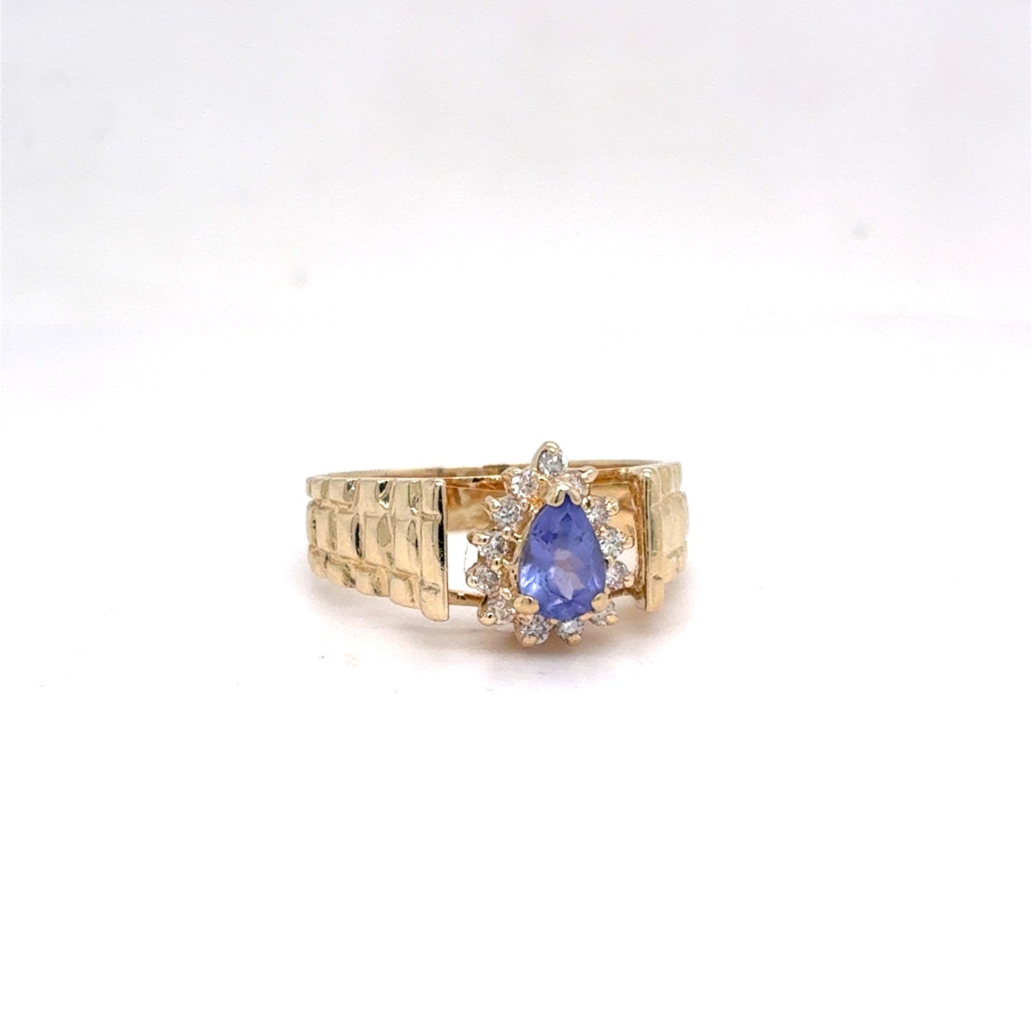 14K Yellow Gold Natural Tanzanite & Diamond Halo Ring | Pear & Round Brilliant 0.55 TCW, H SI1, Size 5.75
