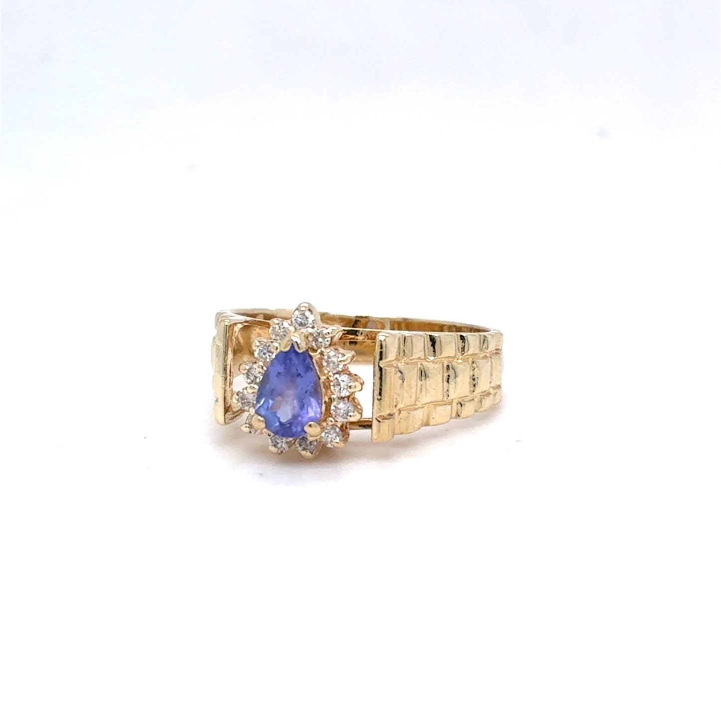 14K Yellow Gold Natural Tanzanite & Diamond Halo Ring | Pear & Round Brilliant 0.55 TCW, H SI1, Size 5.75
