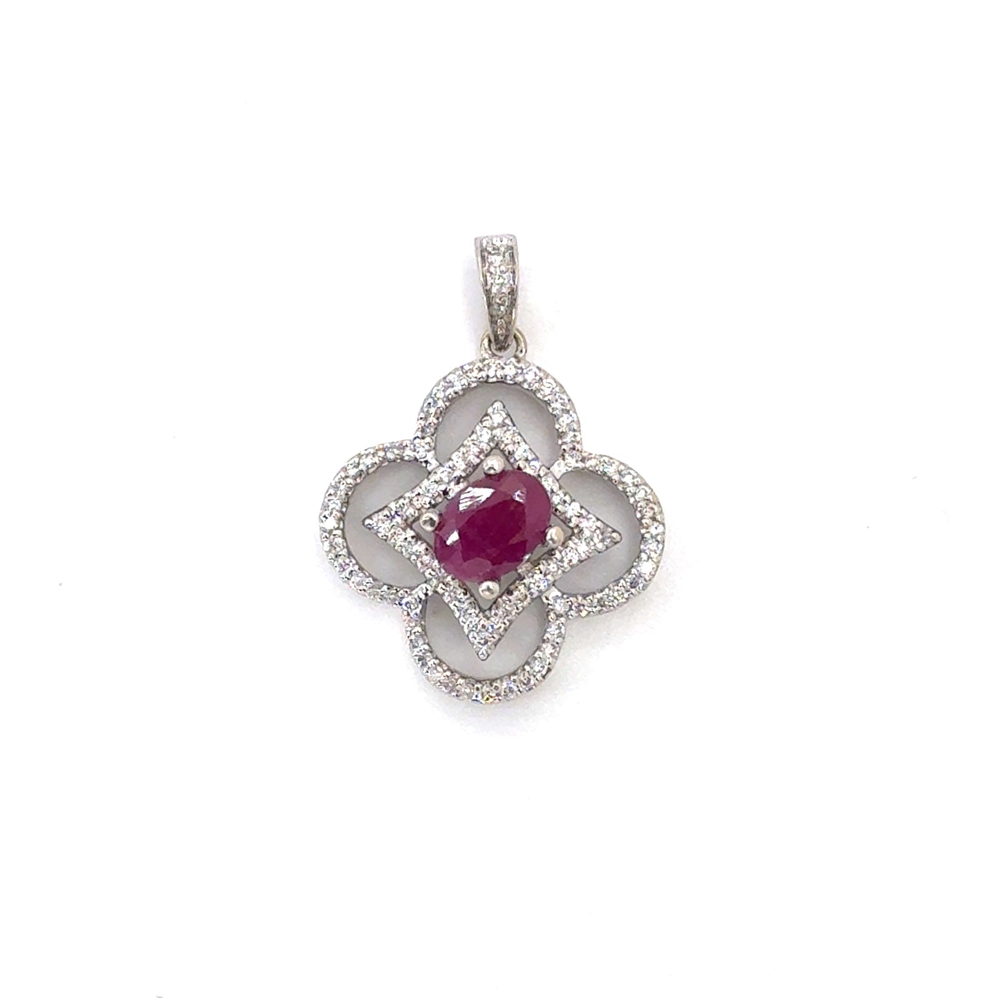 18K White Gold Natural Ruby & Diamond Quatrefoil Drop Pendant | Oval & Round Brilliant 1.29 TCW, G VS1