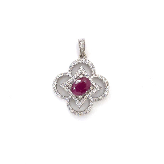18K White Gold Natural Ruby & Diamond Quatrefoil Drop Pendant | Oval & Round Brilliant 1.29 TCW, G VS1