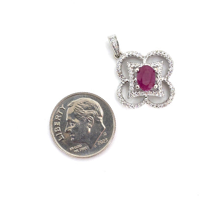 18K White Gold Natural Ruby & Diamond Quatrefoil Drop Pendant | Oval & Round Brilliant 1.29 TCW, G VS1