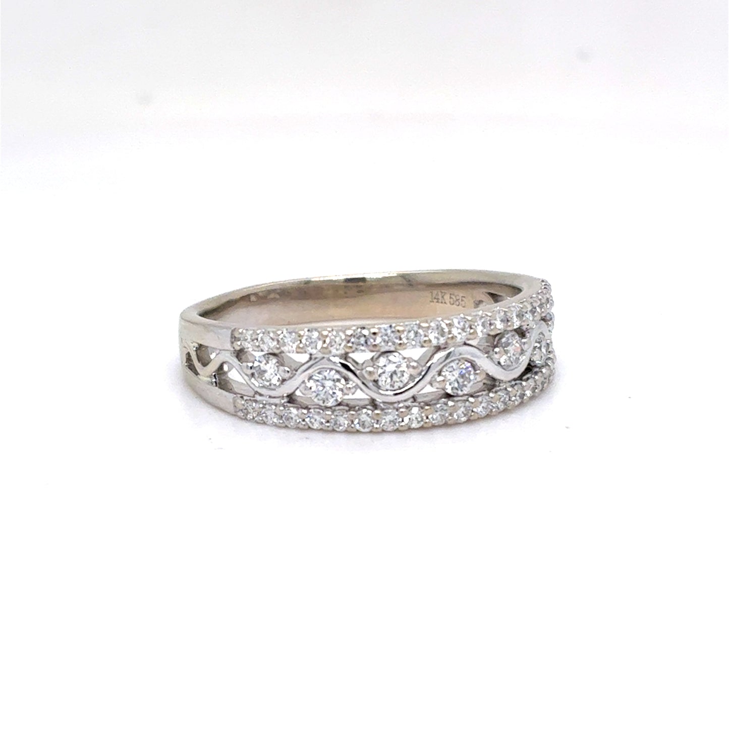 14K White Gold Natural Diamond Multi-Row Wave Band Ring | Round Brilliant 0.51 TCW, G VS2, Size 8.5