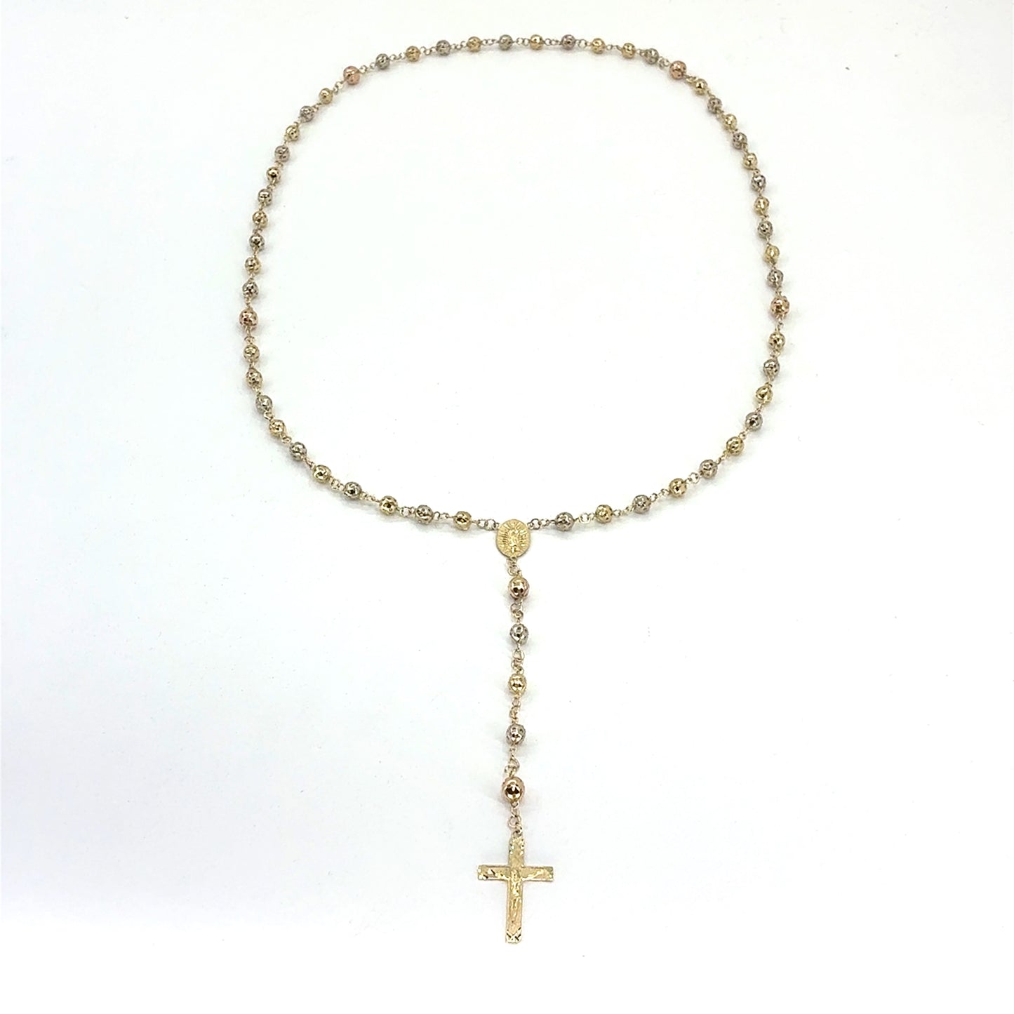 14K Tricolor Gold Rosary Necklace | 26 Inches, 5.1mm, 20.42 grams