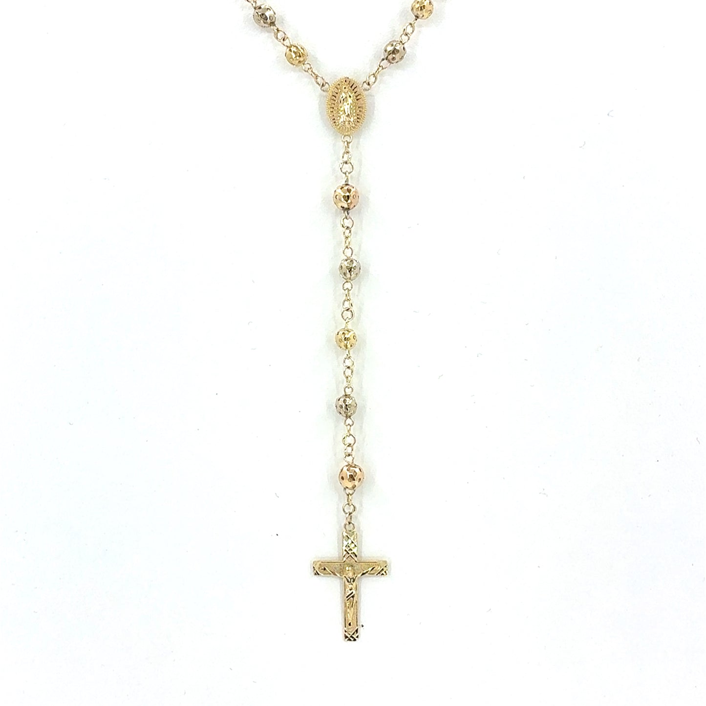 14K Tricolor Gold Rosary Necklace | 26 Inches, 5.1mm, 20.42 grams