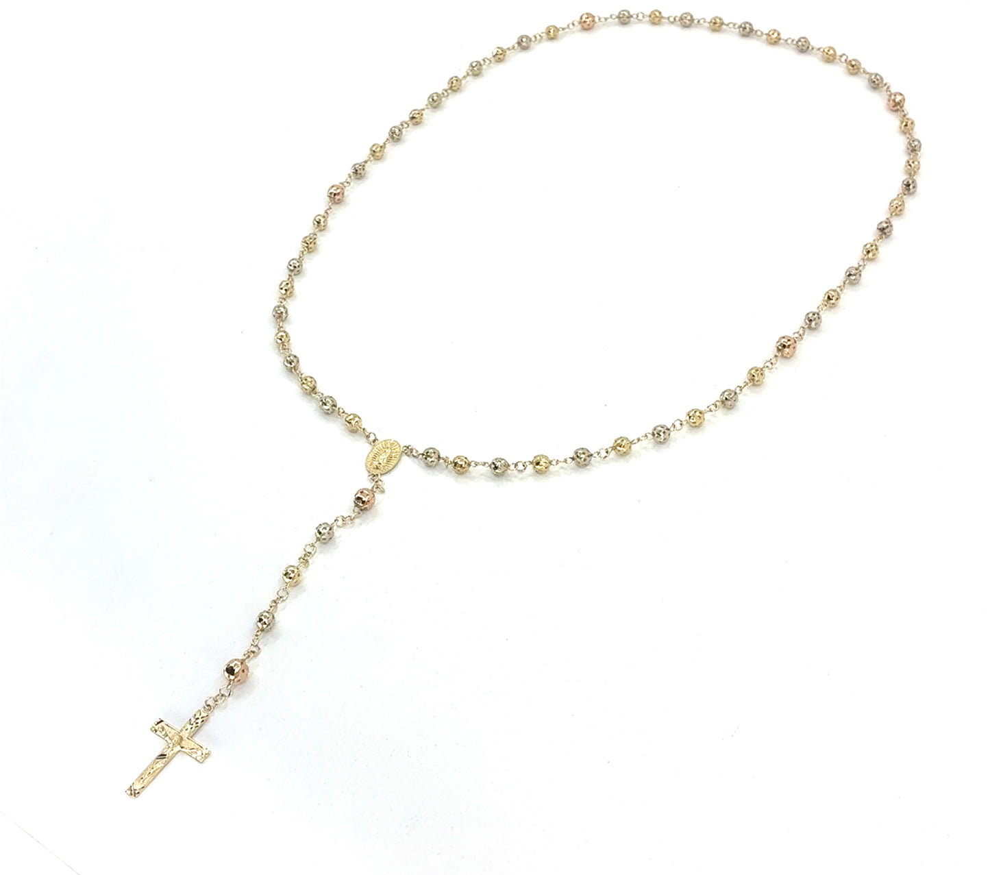 14K Tricolor Gold Rosary Necklace | 26 Inches, 5.1mm, 20.42 grams