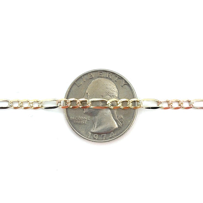 14K Tricolor Solid Gold Figaro Necklace | 22 Inches, 3.3mm 8.33 grams