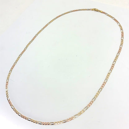 14K Tricolor Solid Gold Figaro Necklace | 22 Inches, 3.3mm 8.33 grams