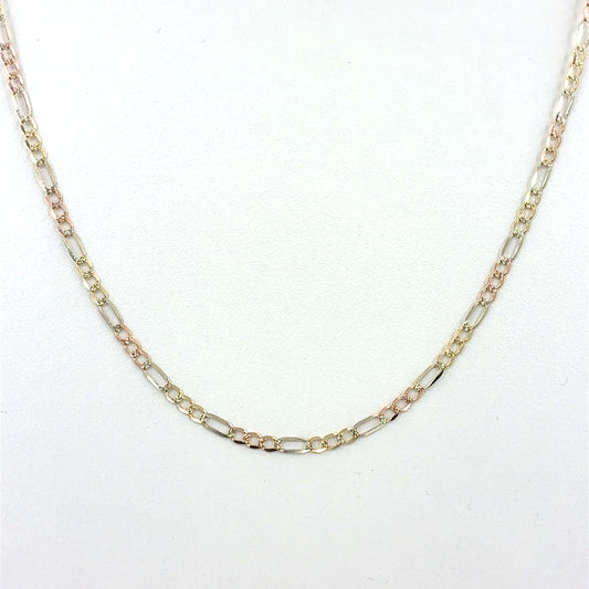 14K Tricolor Solid Gold Figaro Necklace | 22 Inches, 3.3mm 8.33 grams
