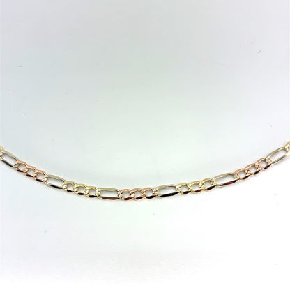 14K Tricolor Solid Gold Figaro Necklace | 22 Inches, 3.3mm 8.33 grams
