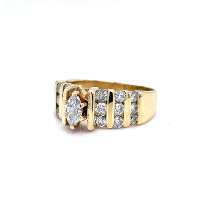 14K Yellow Gold Natural Diamond Marquise Channel Set Ring | Marquise & Round 0.90 TCW, F-H SI1-SI2, Size 7