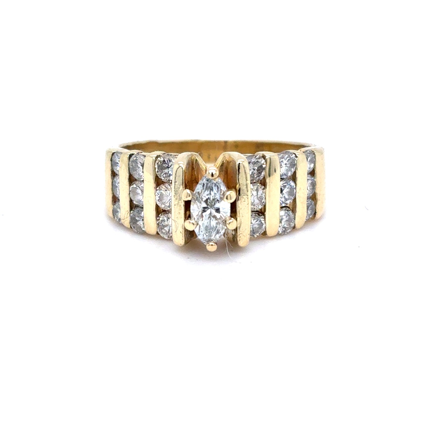14K Yellow Gold Natural Diamond Marquise Channel Set Ring | Marquise & Round 0.90 TCW, F-H SI1-SI2, Size 7