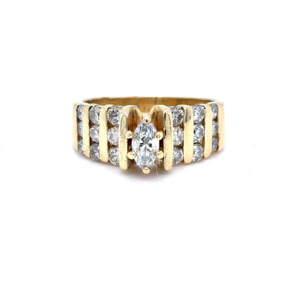 14K Yellow Gold Natural Diamond Marquise Channel Set Ring | Marquise & Round 0.90 TCW, F-H SI1-SI2, Size 7