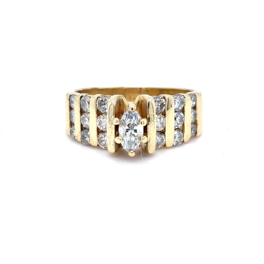 14K Yellow Gold Natural Diamond Marquise Channel Set Ring | Marquise & Round 0.90 TCW, F-H SI1-SI2, Size 7