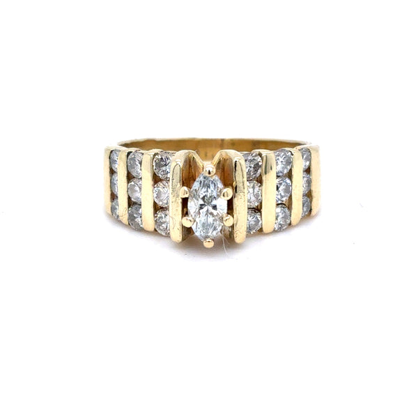 14K Yellow Gold Natural Diamond Marquise Channel Set Ring | Marquise & Round 0.90 TCW, F-H SI1-SI2, Size 7