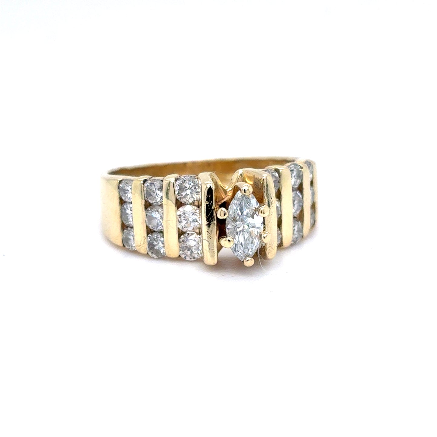 14K Yellow Gold Natural Diamond Marquise Channel Set Ring | Marquise & Round 0.90 TCW, F-H SI1-SI2, Size 7
