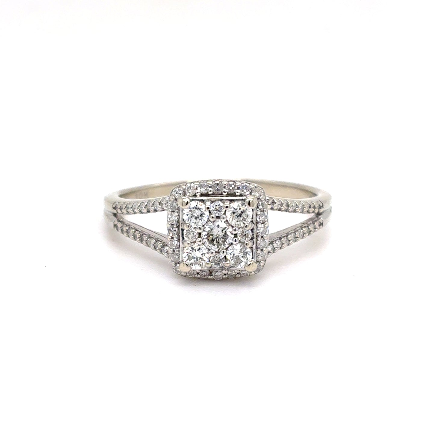 10K White Gold Natural Diamond Cluster Halo Ring | Round Brilliant & Single Cut 0.52 TCW, H SI2, Size 8.5