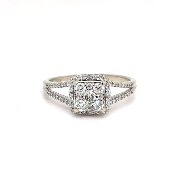 10K White Gold Natural Diamond Cluster Halo Ring | Round Brilliant & Single Cut 0.52 TCW, H SI2, Size 8.5