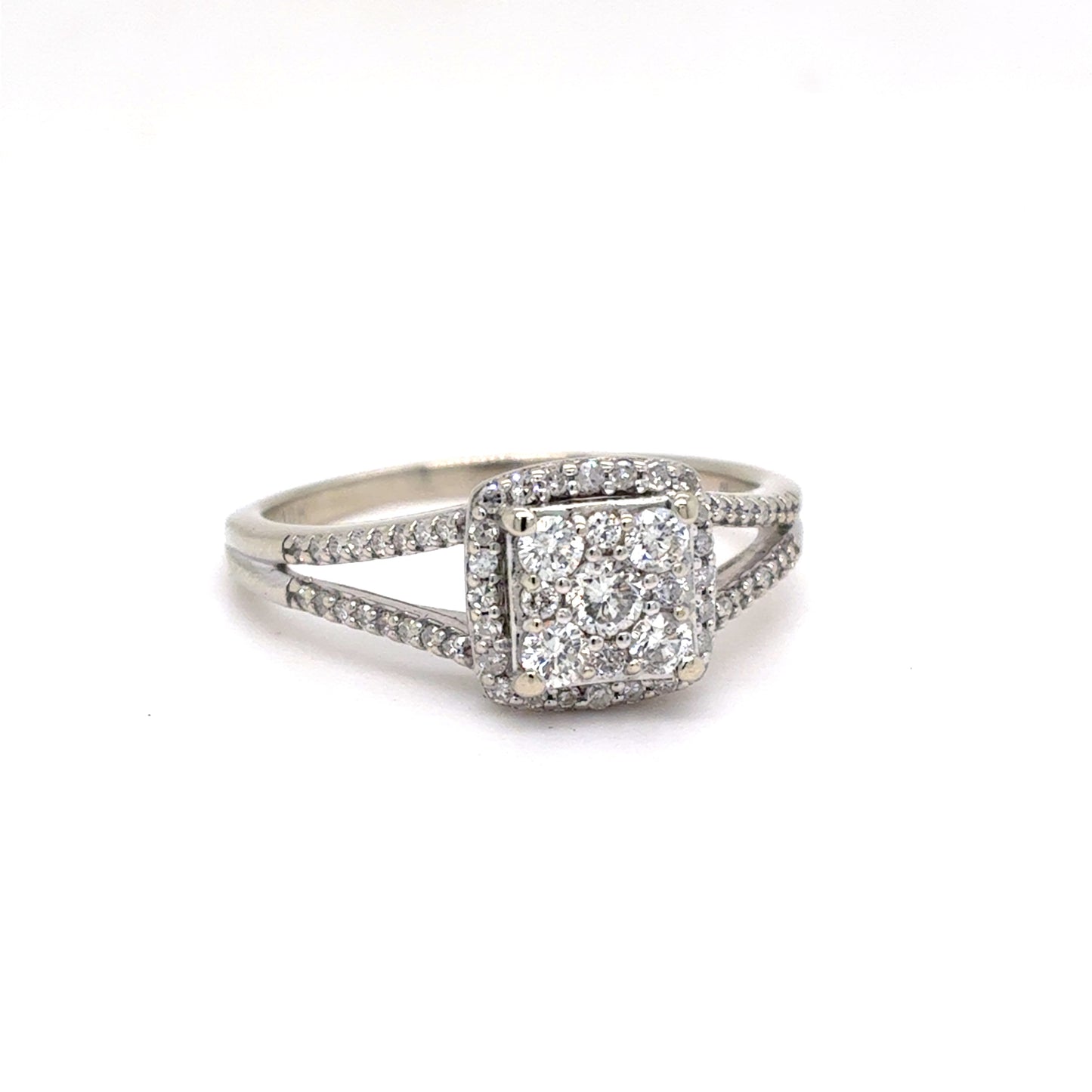 10K White Gold Natural Diamond Cluster Halo Ring | Round Brilliant & Single Cut 0.52 TCW, H SI2, Size 8.5