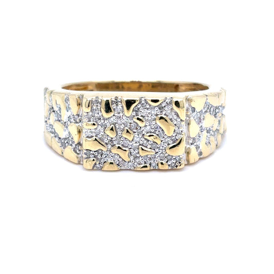 10K Yellow Gold Mens Diamond Pave Nugget Ring | Single Cut 0.45 TCW, I I1, Size 10.5