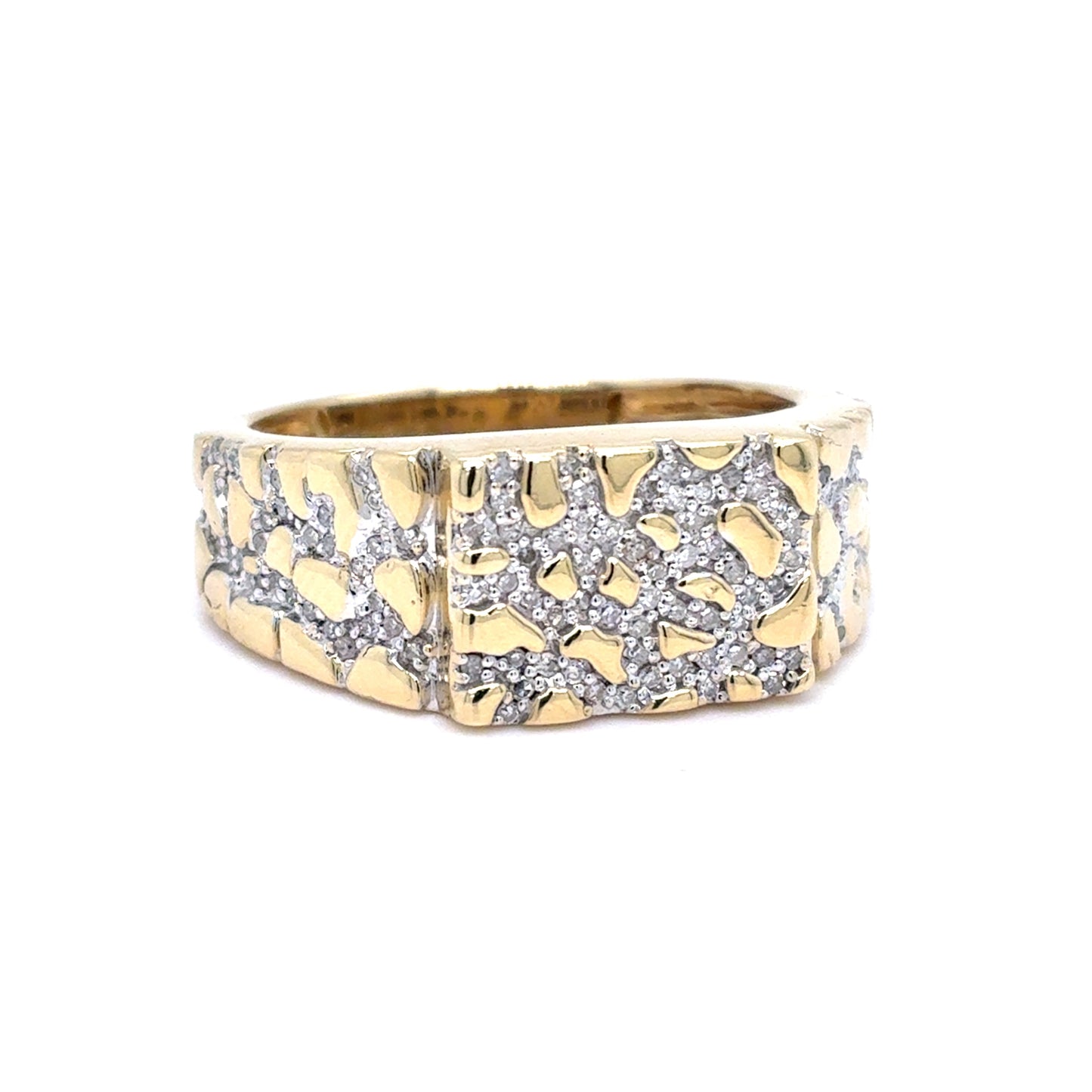 10K Yellow Gold Mens Diamond Pave Nugget Ring | Single Cut 0.45 TCW, I I1, Size 10.5