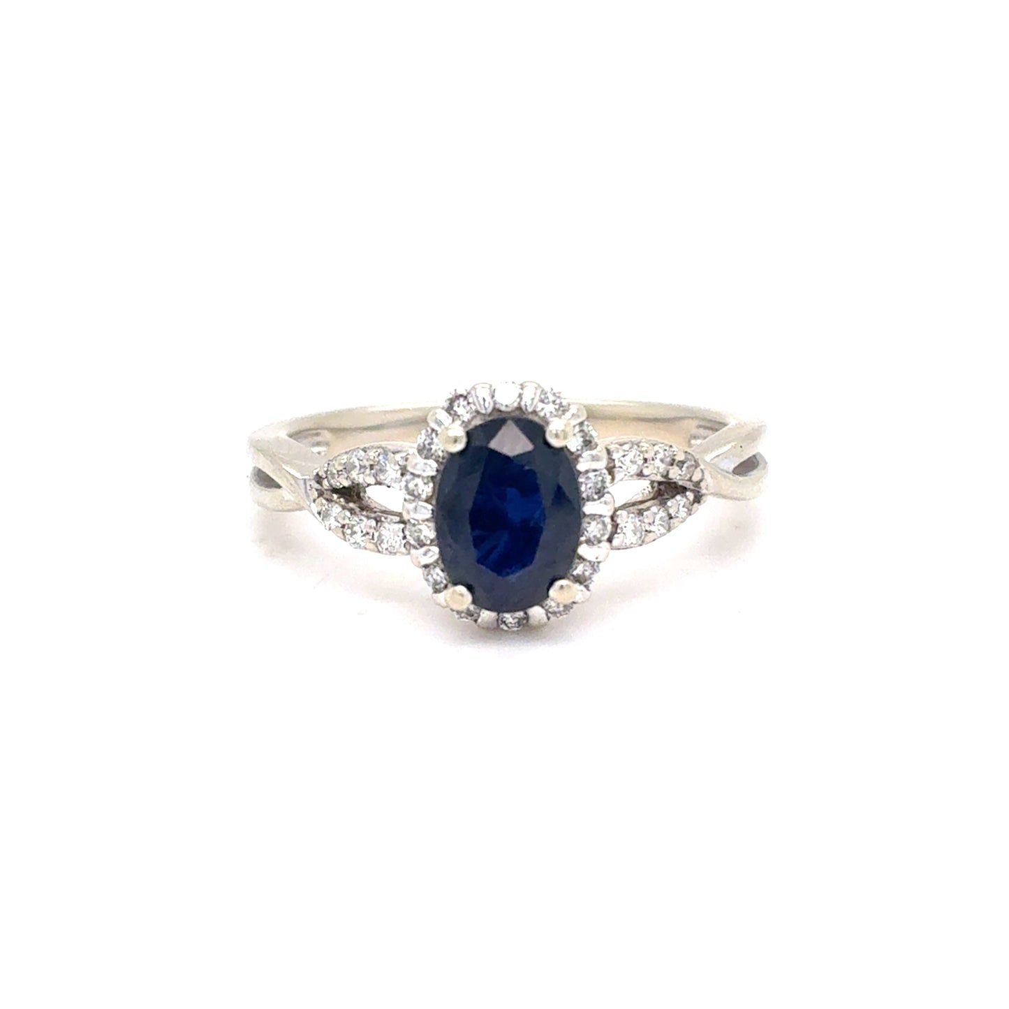 10K White Gold Natural Sapphire & Diamond Halo Ring | Oval 0.96ct, Round 0.19 TCW, G SI1, Size 6.5
