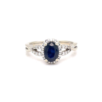 10K White Gold Natural Sapphire & Diamond Halo Ring | Oval 0.96ct, Round 0.19 TCW, G SI1, Size 6.5