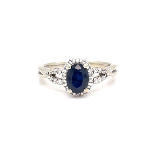 10K White Gold Natural Sapphire & Diamond Halo Ring | Oval 0.96ct, Round 0.19 TCW, G SI1, Size 6.5