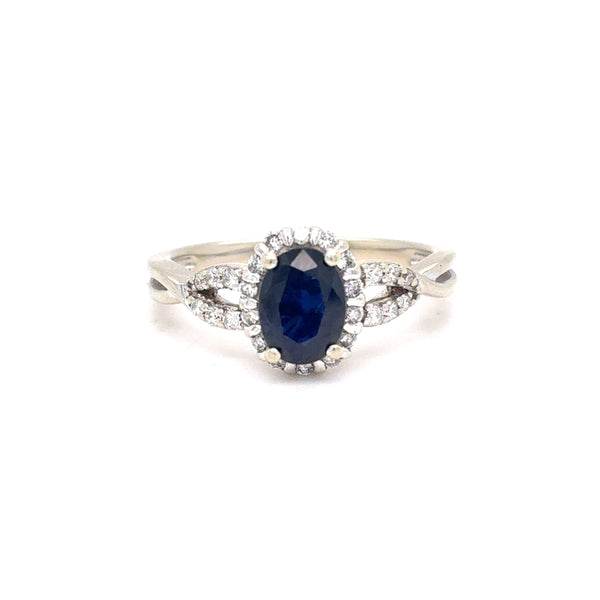 10K White Gold Natural Sapphire & Diamond Halo Ring | Oval 0.96ct, Round 0.19 TCW, G SI1, Size 6.5