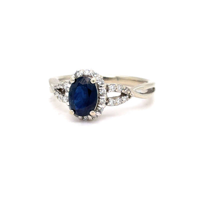 10K White Gold Natural Sapphire & Diamond Halo Ring | Oval 0.96ct, Round 0.19 TCW, G SI1, Size 6.5