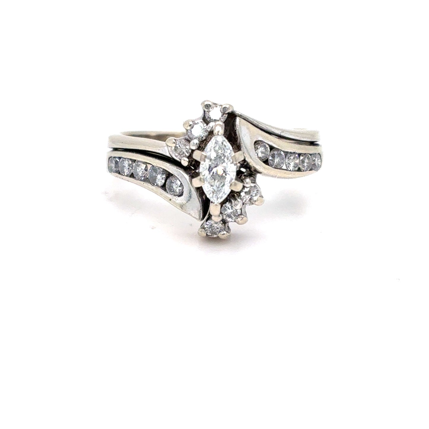 14K White Gold Natural Diamond Marquise Cluster Bridal Ring Set | Marquise & Round 0.46 TCW, G-I SI2-I1, Size 5.5