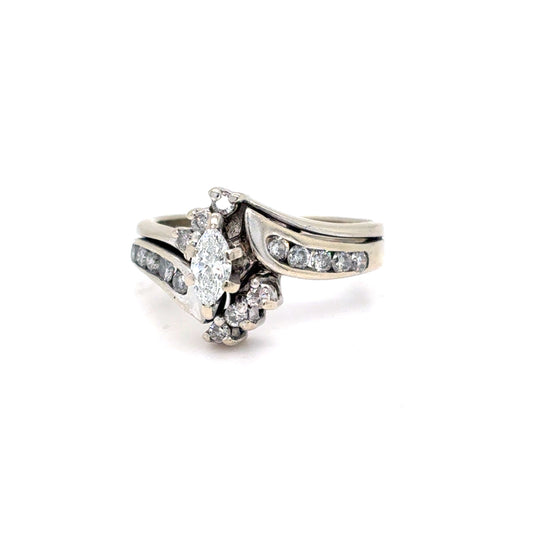 14K White Gold Natural Diamond Marquise Cluster Bridal Ring Set | Marquise & Round 0.46 TCW, G-I SI2-I1, Size 5.5